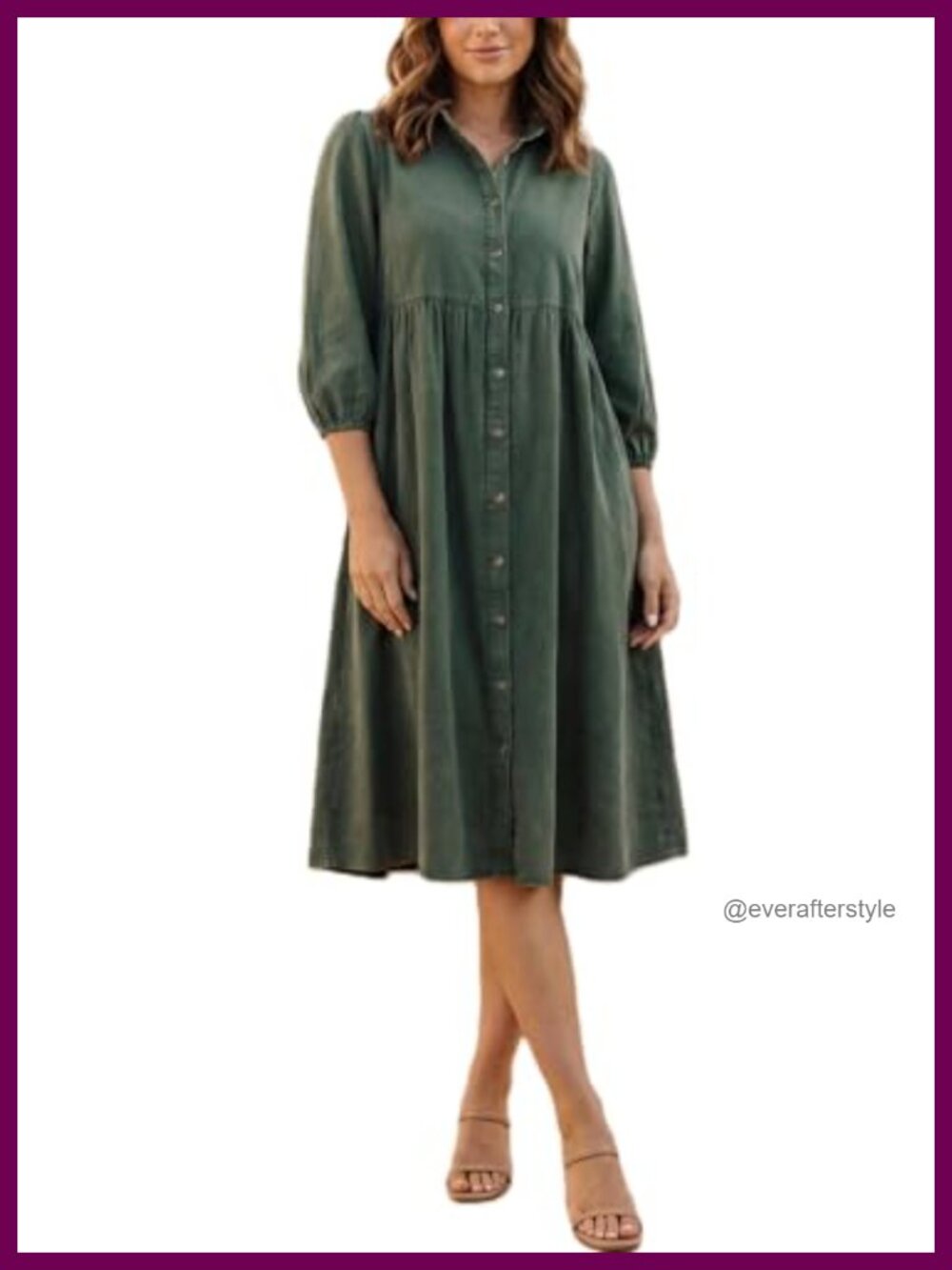 Washed Fall Midi Shirt Dress 3/4 Sleeve Button Down Collared Relaxed Fit